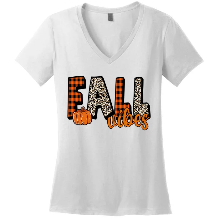 Fall Vibes Pumpkin Plaid Cheetah Women's V-Neck T-Shirt