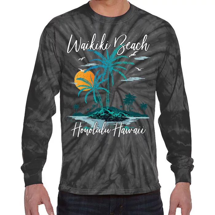 Family Vacation Retro Sunset Honolulu Hawaii Waikiki Beach Tie-Dye Long Sleeve Shirt