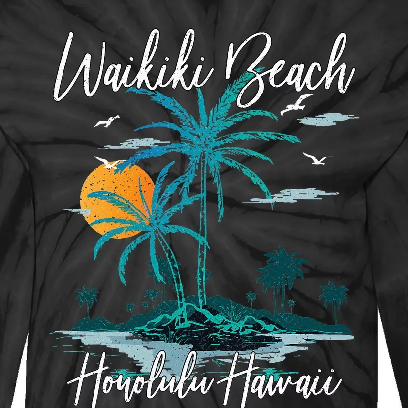 Family Vacation Retro Sunset Honolulu Hawaii Waikiki Beach Tie-Dye Long Sleeve Shirt