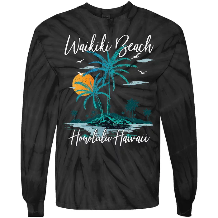 Family Vacation Retro Sunset Honolulu Hawaii Waikiki Beach Tie-Dye Long Sleeve Shirt