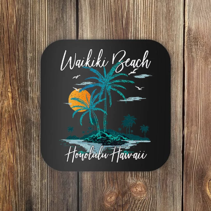 Family Vacation Retro Sunset Honolulu Hawaii Waikiki Beach Coaster