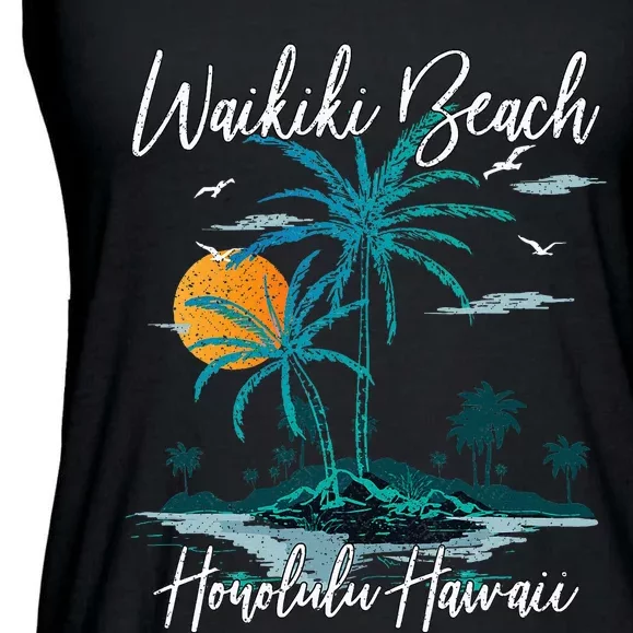 Family Vacation Retro Sunset Honolulu Hawaii Waikiki Beach Ladies Essential Flowy Tank