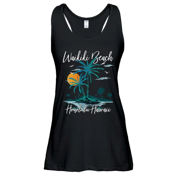 Family Vacation Retro Sunset Honolulu Hawaii Waikiki Beach Ladies Essential Flowy Tank