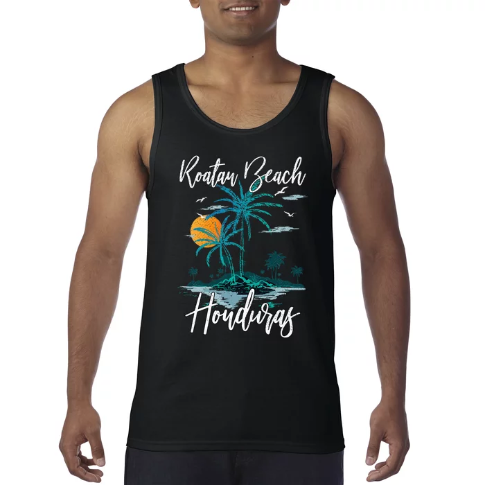 Family Vacation Retro Sunset Honduras Roatan Beach Tank Top