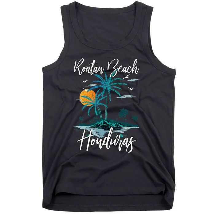 Family Vacation Retro Sunset Honduras Roatan Beach Tank Top