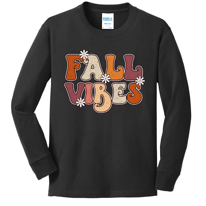 Fall Vibes Retro Groovy Thanksgiving Autumn Fall Lover Kids Long Sleeve Shirt