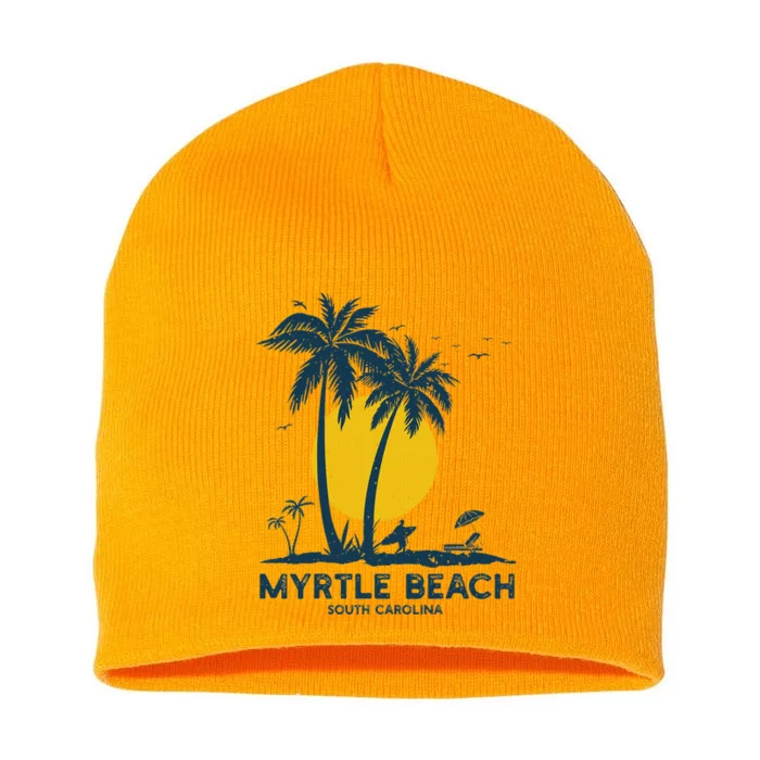 Family Vacation Retro Sunset South Carolina Myrtle Beach Short Acrylic Beanie