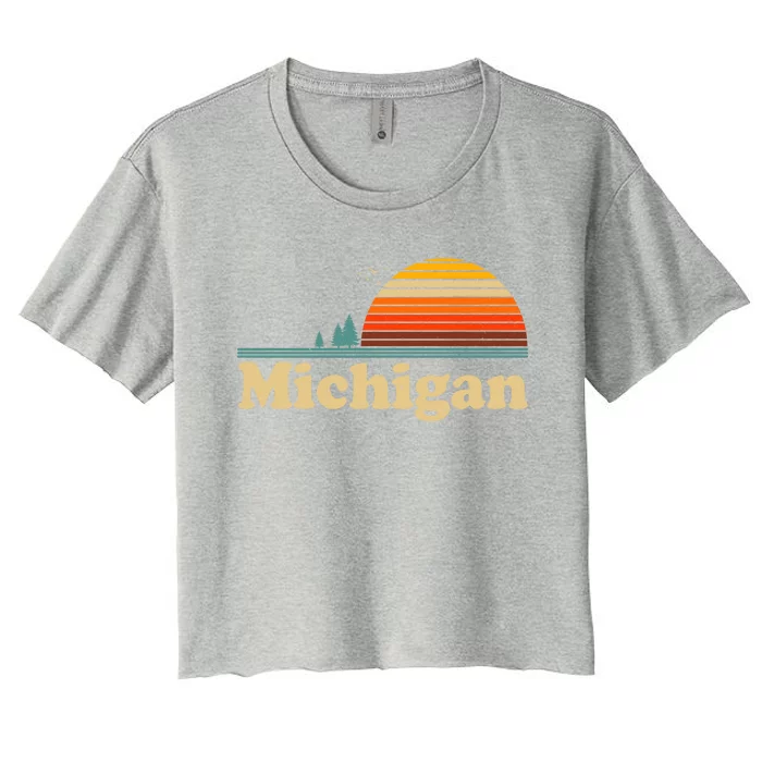 Funny Vintage Retro Michigan Sunset Logo Women's Crop Top Tee