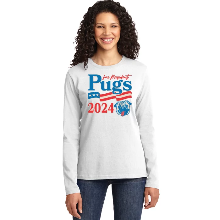 Funny Vintage Retro Pugs For President 2024 Ladies Long Sleeve Shirt