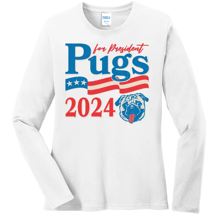 Funny Vintage Retro Pugs For President 2024 Ladies Long Sleeve Shirt