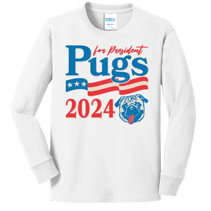 Funny Vintage Retro Pugs For President 2024 Kids Long Sleeve Shirt