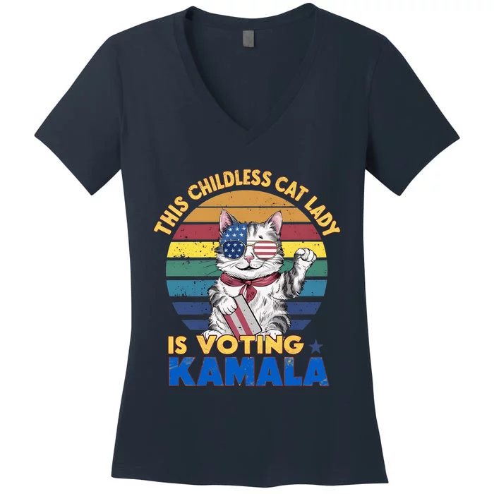 Funny Vintage Retro This Childless Cat Lady Is Voting Kamala Women's V-Neck T-Shirt