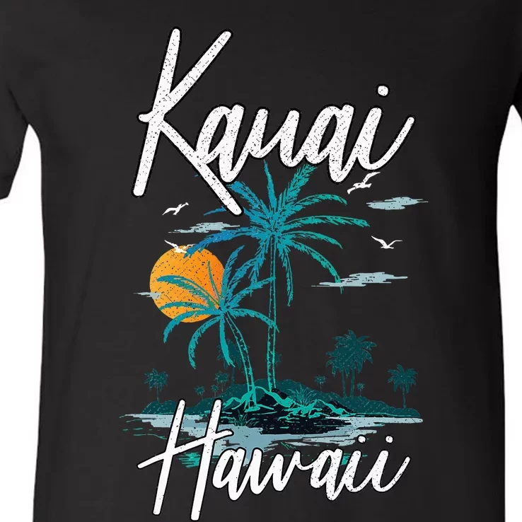 Family Vacation Retro Sunset Hawaii Kauai V-Neck T-Shirt