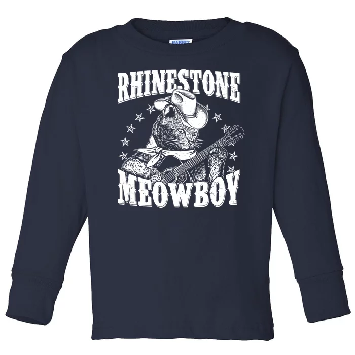 Funny Vintage Rhinestone Meowboy Cowboy Cat Toddler Long Sleeve Shirt