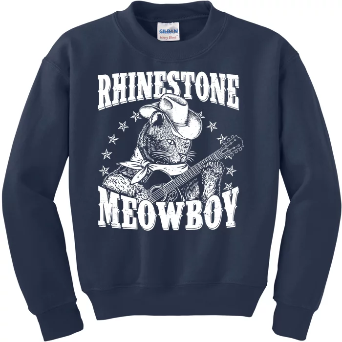 TeeShirtPalace | Funny Vintage Rhinestone Meowboy Cowboy Cat Kids Sweatshirt