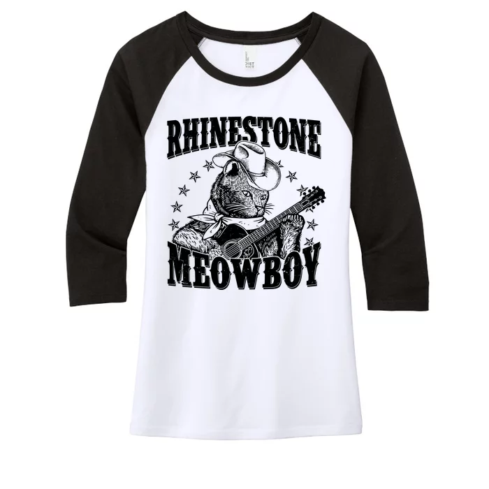 Funny Vintage Rhinestone Meowboy Cowboy Cat Women's Tri-Blend 3/4-Sleeve Raglan Shirt