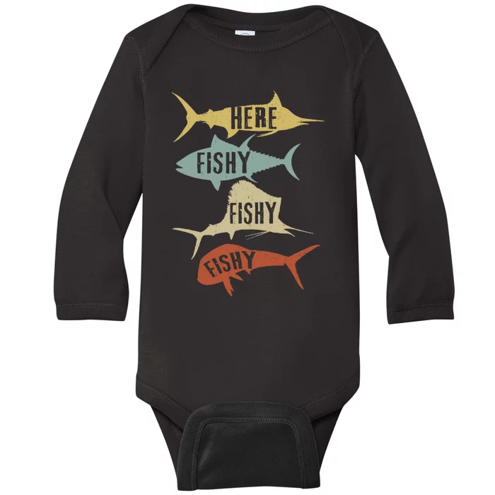 Funny Vintage Saltwater Fishing Here FishyFishy Baby Long Sleeve Bodysuit