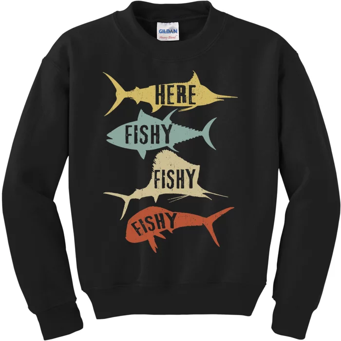 Funny Vintage Saltwater Fishing Here FishyFishy Kids Sweatshirt