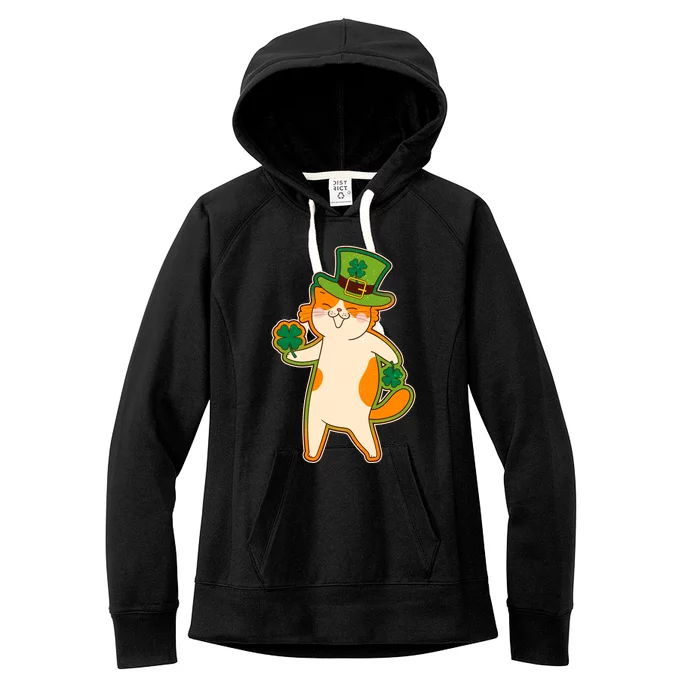 Funny Vintage St Patricks Day Leprechaun Shamrock Clover Cat Women's Fleece Hoodie