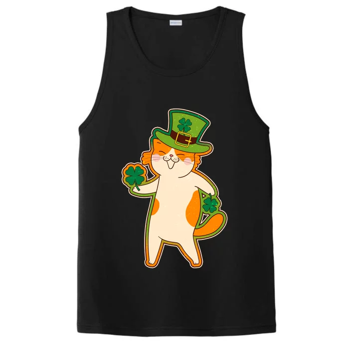 Funny Vintage St Patricks Day Leprechaun Shamrock Clover Cat Performance Tank