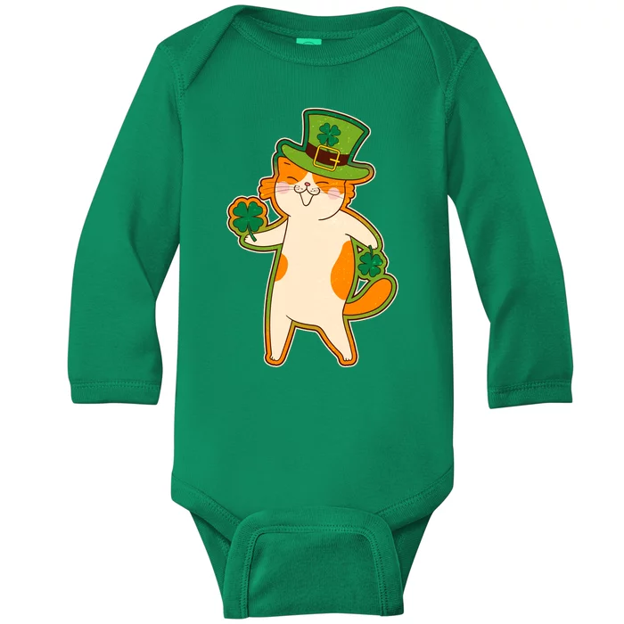 Funny Vintage St Patricks Day Leprechaun Shamrock Clover Cat Baby Long Sleeve Bodysuit