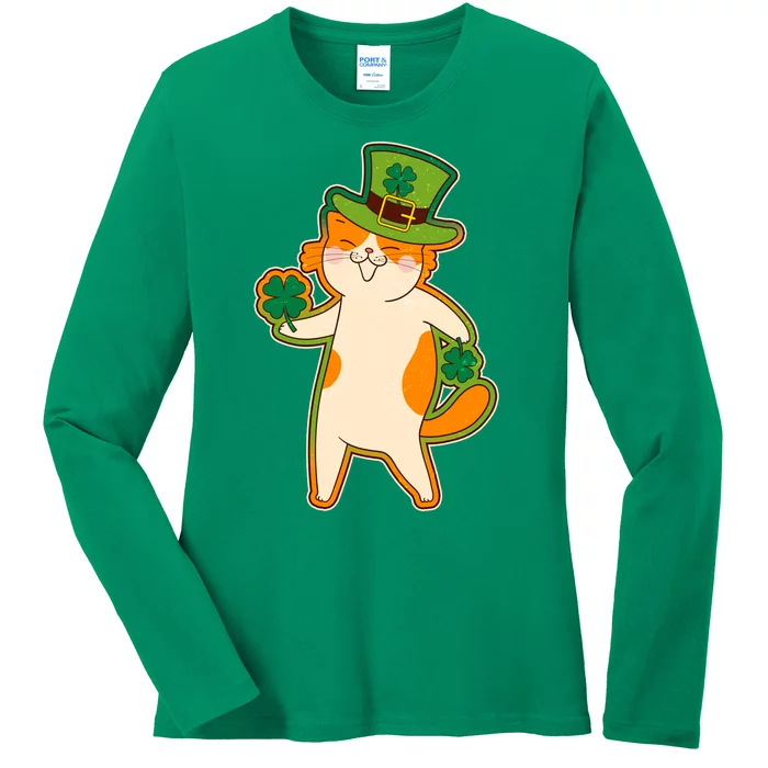 Funny Vintage St Patricks Day Leprechaun Shamrock Clover Cat Ladies Long Sleeve Shirt