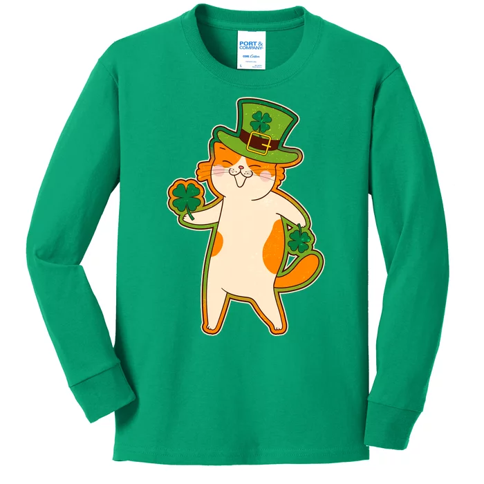 Funny Vintage St Patricks Day Leprechaun Shamrock Clover Cat Kids Long Sleeve Shirt