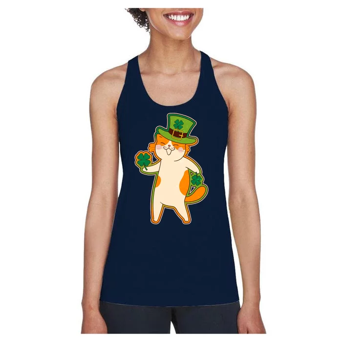 Funny Vintage St Patricks Day Leprechaun Shamrock Clover Cat Women's Racerback Tank