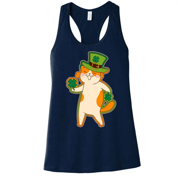 Funny Vintage St Patricks Day Leprechaun Shamrock Clover Cat Women's Racerback Tank