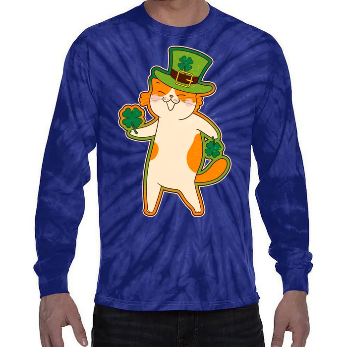 Funny Vintage St Patricks Day Leprechaun Shamrock Clover Cat Tie-Dye Long Sleeve Shirt