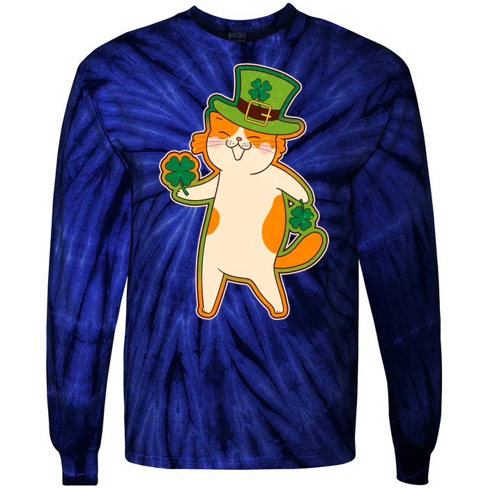 Funny Vintage St Patricks Day Leprechaun Shamrock Clover Cat Tie-Dye Long Sleeve Shirt