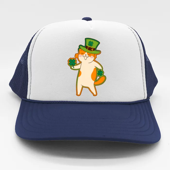 Funny Vintage St Patricks Day Leprechaun Shamrock Clover Cat Trucker Hat