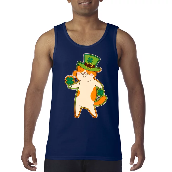 Funny Vintage St Patricks Day Leprechaun Shamrock Clover Cat Tank Top