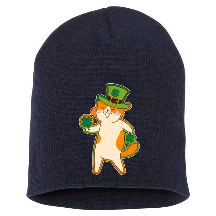 Funny Vintage St Patricks Day Leprechaun Shamrock Clover Cat Short Acrylic Beanie