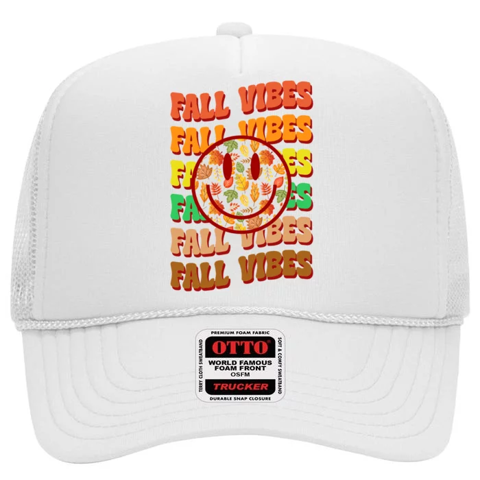 Falls Vibes Smile Face Retro Colorful High Crown Mesh Trucker Hat