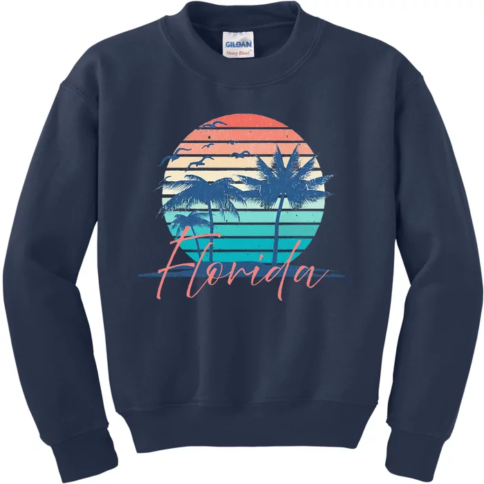 Florida Vintage Summer Vibes Beach Sunset Retro Palm Tree Kids Sweatshirt