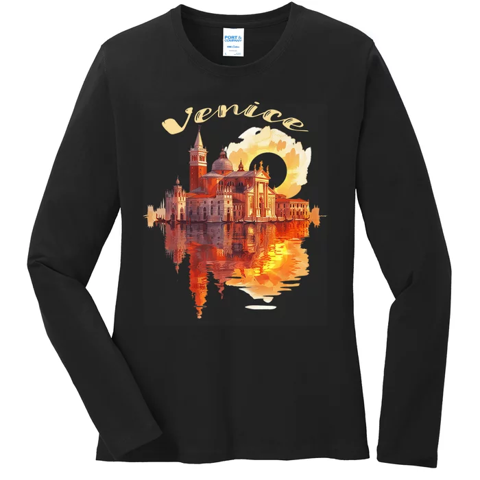 Funny Venice Sunset Watercolor Cityscape Ladies Long Sleeve Shirt