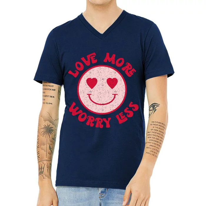 Funny Valentine Shirt Love More Worry Less Smile Face Meme V-Neck T-Shirt