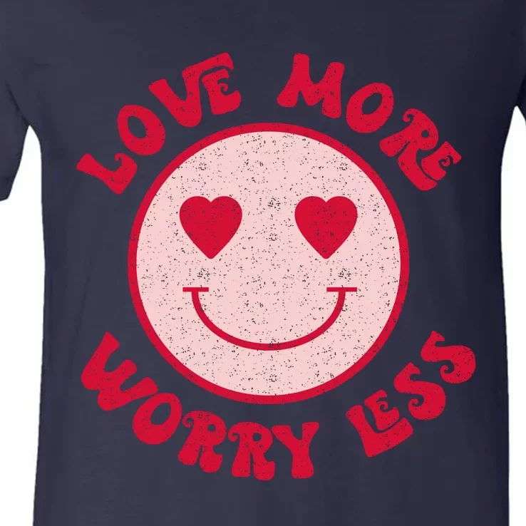 Funny Valentine Shirt Love More Worry Less Smile Face Meme V-Neck T-Shirt