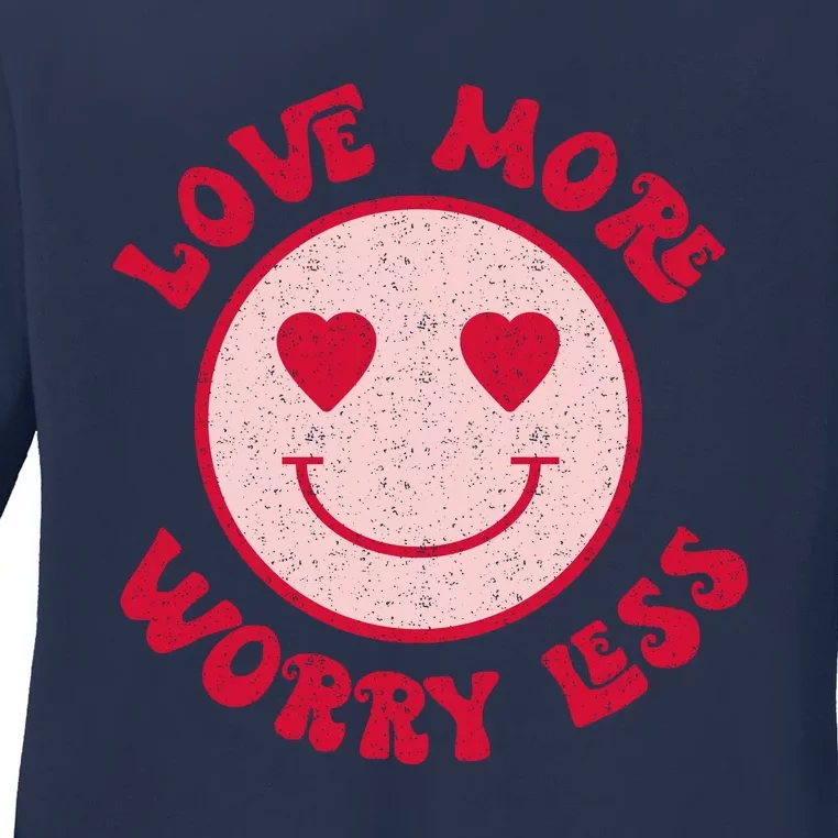 Funny Valentine Shirt Love More Worry Less Smile Face Meme Ladies Long Sleeve Shirt