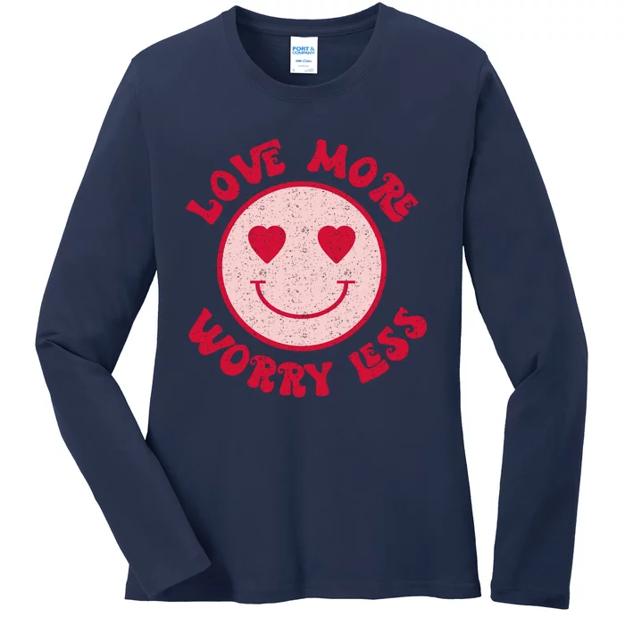 Funny Valentine Shirt Love More Worry Less Smile Face Meme Ladies Long Sleeve Shirt