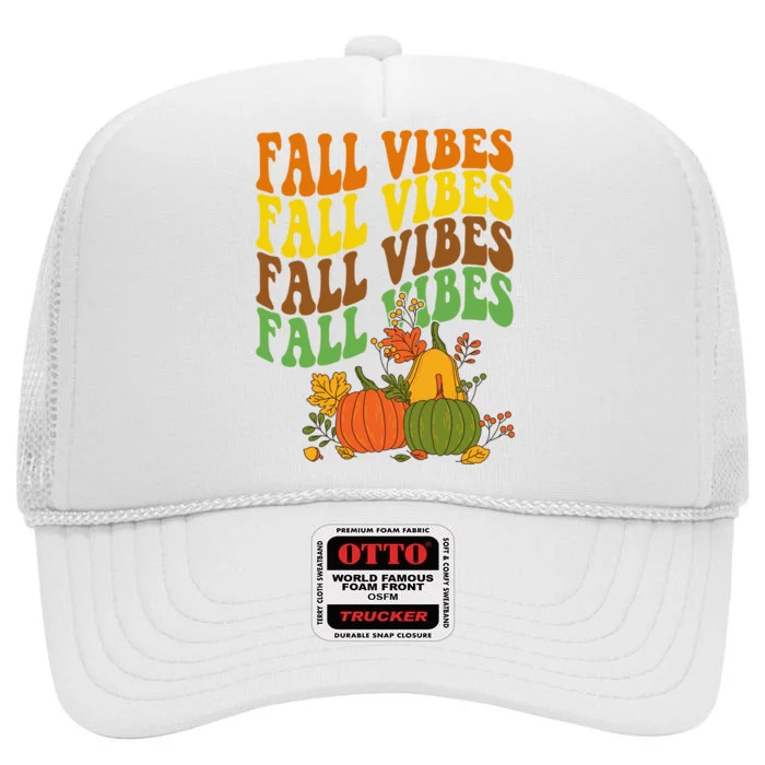 Fall Vibes Season Retro Pumpkin High Crown Mesh Trucker Hat