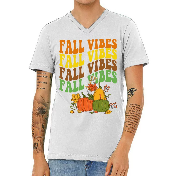 Fall Vibes Season Retro Pumpkin V-Neck T-Shirt