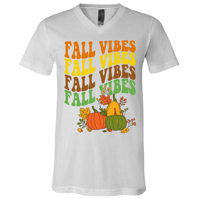 Fall Vibes Season Retro Pumpkin V-Neck T-Shirt