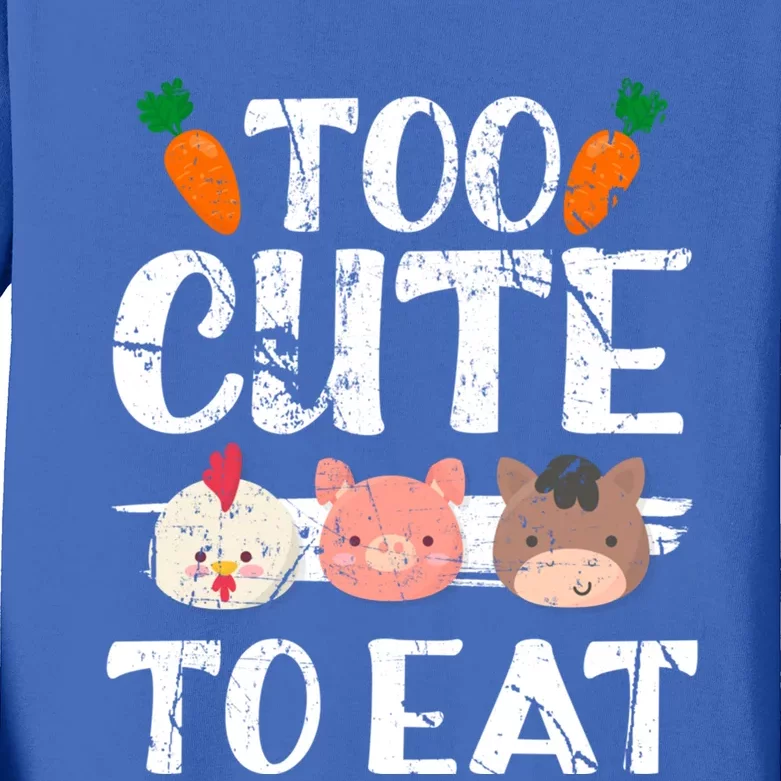 Funny Vegan Too Cute To Eat Vegetarian Save Animals Gift Kids Long Sleeve Shirt