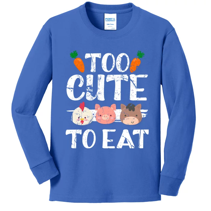 Funny Vegan Too Cute To Eat Vegetarian Save Animals Gift Kids Long Sleeve Shirt