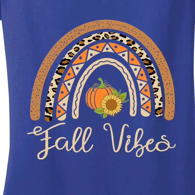 Fall Vibes Thanksgiving Leopard Rainbow Pumpkin Sunflower Women's V-Neck T-Shirt