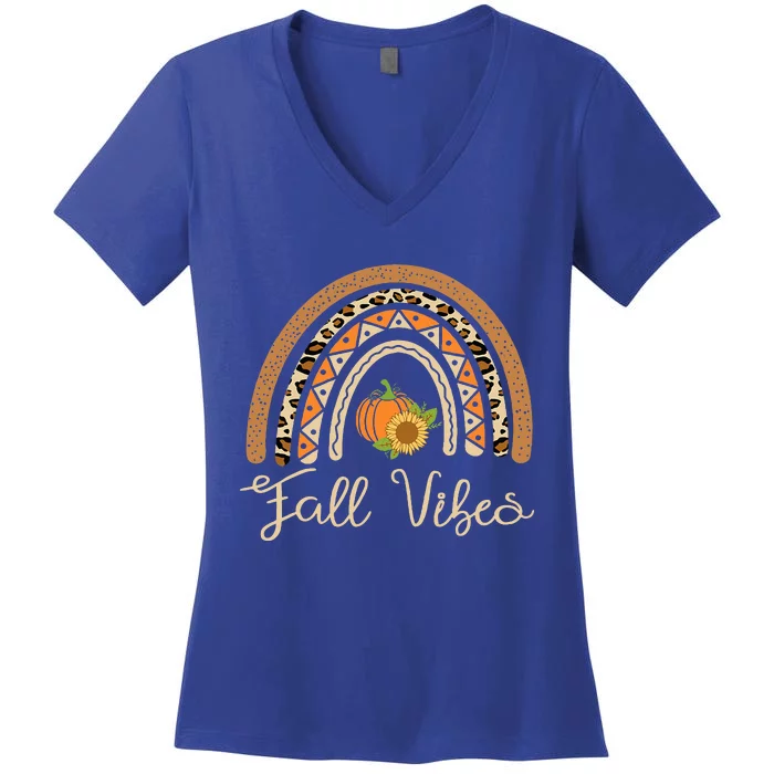 Fall Vibes Thanksgiving Leopard Rainbow Pumpkin Sunflower Women's V-Neck T-Shirt