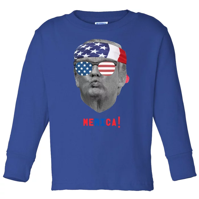 Funny Vintage Trump Pucker Face Merica Usa Flag Sunglasses Great Gift Toddler Long Sleeve Shirt