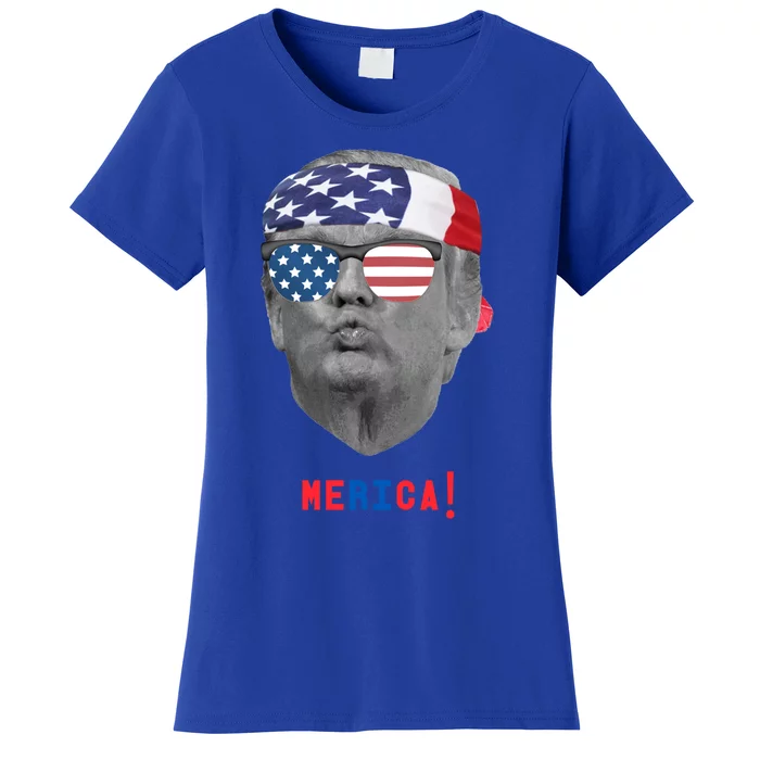 Funny Vintage Trump Pucker Face Merica Usa Flag Sunglasses Great Gift Women's T-Shirt